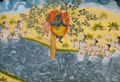 Le Gopi implorano Krishna di restituire i loro vestiti, pagina da un Bhagavata Purana..., ca. 1610 da Unbekannt