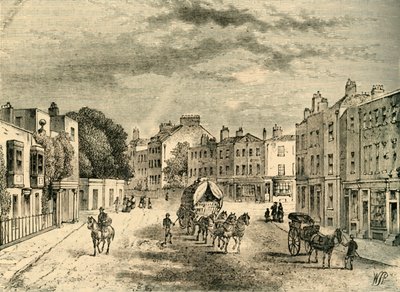 Il vecchio villaggio di Vauxhall, con ingresso ai giardini, nel 1825, c1878 da Unbekannt