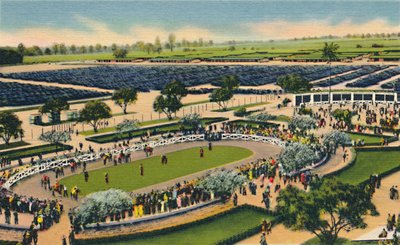 Il paddock a Santa Anita, Los Angeles Turf Club, Arcadia, California, anni 