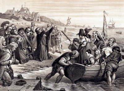 I Padri Pellegrini lasciano Delft Haven per il loro viaggio in America, luglio 1620, 1878 da Unbekannt