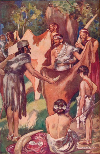 Gli inizi del commercio: persone primitive che barattano zanne di avorio e pelli di toro, 1907 da Unbekannt