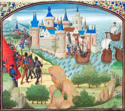 La cattura di Costantinopoli via terra e mare nel 1204. Miniatura dalla Historia di Guglielmo di Tiro da Unbekannt