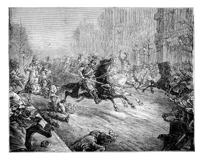 Il colpo di stato, lancieri che caricano la folla nei boulevard di Parigi, 19° secolo da Unbekannt