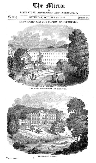 Il primo cotonificio a Cromford, Derbyshire, e la casa di Richard Arkwright, 1836 da Unbekannt