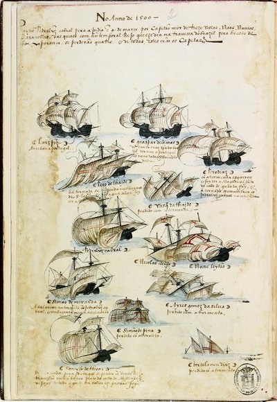 La flotta di Pedro Álvares Cabral nel 1500. Da Livro das Armadas da Unbekannt