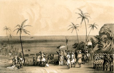 I mercanti di Calicut catturati e incatenati a una roccia deserta per ordine di Tippoo Saib, 1847 da Unbekannt