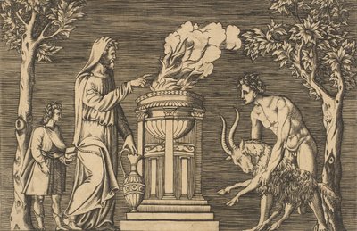 Il sacrificio di un ariete tenuto da un uomo nudo a destra, sacerdote incappucciato a sinistra con un..., ca. 1515-1600 da Unbekannt