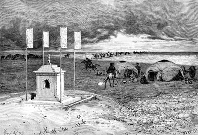 La tomba di un lama e un accampamento, deserto mongolo, c. 1890 da Unbekannt