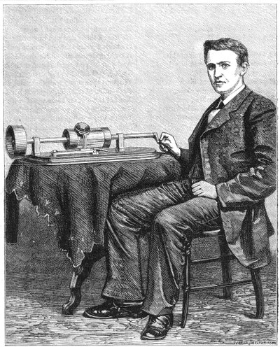 Thomas Alva Edison, inventore americano, con un primo modello a mano del suo fonografo, 1878 da Unbekannt