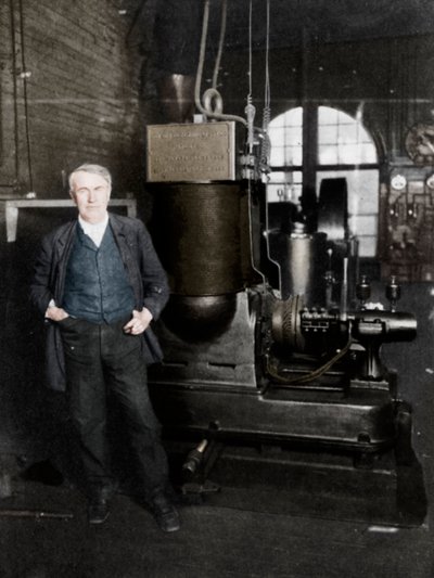 Thomas Alva Edison, inventore americano, con la sua prima dinamo per la produzione di luce elettrica da Unbekannt