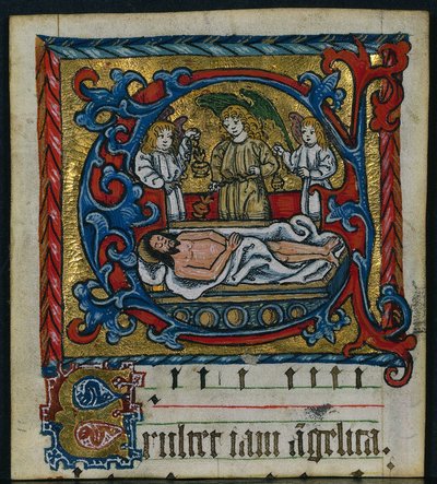 Tre ritagli da un messale: Iniziale E con gli angeli della sepoltura, c. 1470-1500 da Unbekannt