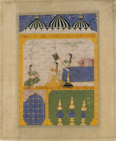 Tre signore in un interno di palazzo: Pagina da un Laur Chanda disperso..., 1520-30 da Unbekannt