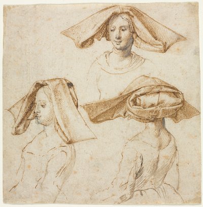 Tre studi di una donna con un elaborato copricapo, c. 1500 da Unbekannt