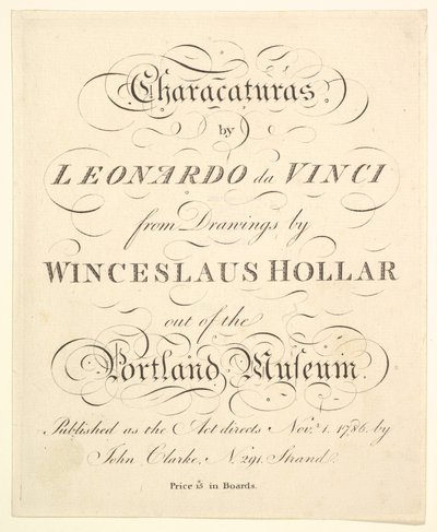 Pagina del titolo: Caricature di Leonardo da Vinci, da disegni di Wincelslaus Hollar, 1786 da Unbekannt