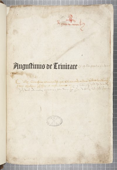 Pagina del titolo di De trinitate e De Civitate Dei cum commento, scritto da Agostino d