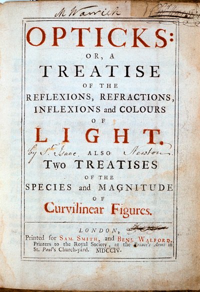 Pagina del titolo di Opticks dello scienziato e matematico inglese Isaac Newton, 1794 da Unbekannt