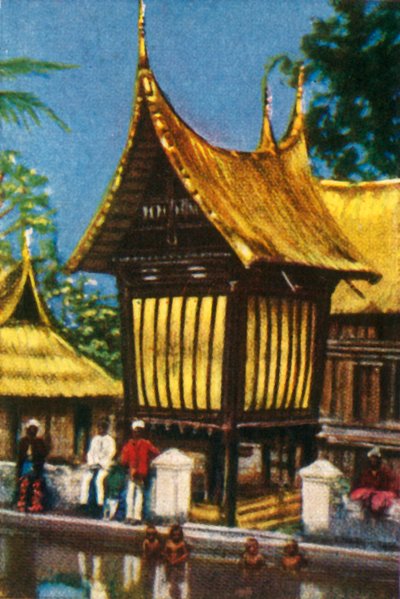 Tradizionale granaio di riso con tetto di paglia, Padang, Sumatra, c. 1928 da Unbekannt