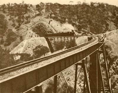 Treno che passa sopra il viadotto, Mount Lofty Range, Australia Meridionale, 1930 da Unbekannt