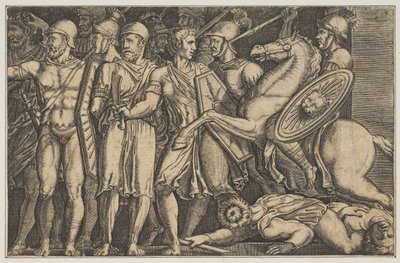 Traiano combatte i Daci, Traiano a cavallo a destra che cavalca verso un gruppo, ca. 1515-1600 da Unbekannt