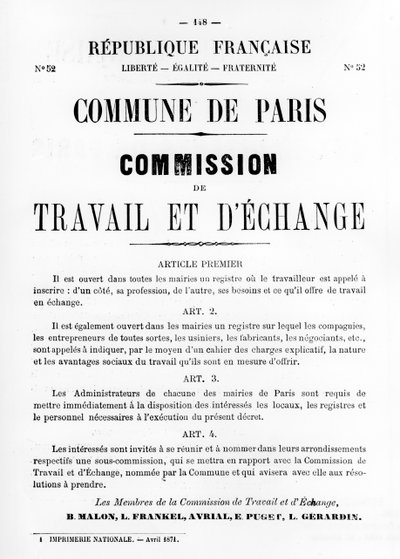 Lavoro e Scambio, dai manifesti politici francesi della Comune di Parigi, Maggio 1871 da Unbekannt
