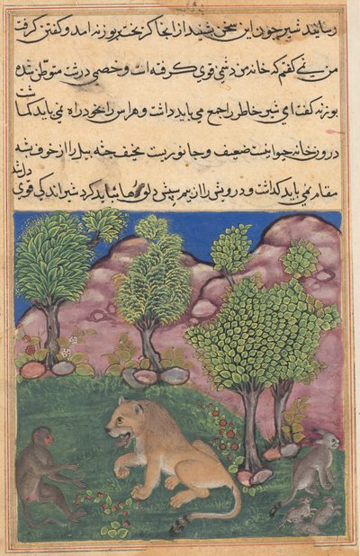 Tuti-Nama Racconti di un pappagallo: Racconto XXVIII: La scimmia consiglia il leone sospettoso..., c. 1560 da Unbekannt