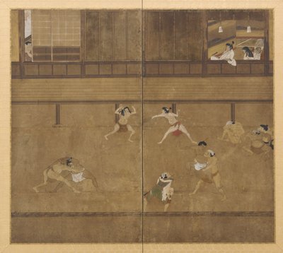 Schermo a due pannelli raffigurante lottatori, periodo Edo da Unbekannt