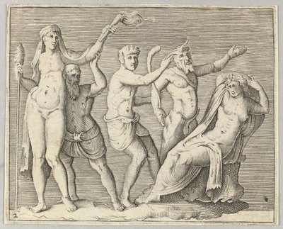 Due figure, un fauno e un satiro si avvicinano a una donna reclinata da Unbekannt