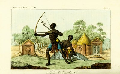 Due uomini di Luanda di Cancobella, Angola, con archi e frecce, davanti a abitazioni, capanne, altari sacri, ecc. da Unbekannt