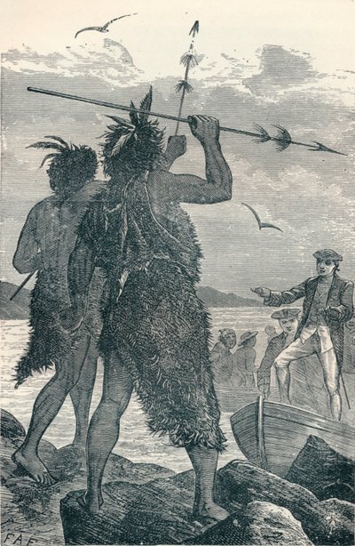 Due nativi discutono lo sbarco del capitano Cook, 1904 da Unbekannt