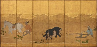 Due contadini che arano e erpicano un campo di riso, periodo Edo, 1615-1868 da Unbekannt