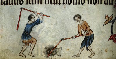 Due uomini che trebbiavano covoni dal Luttrell Psalter da Unbekannt