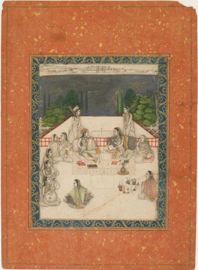 Due donne sedute su una terrazza, circondate da attendenti e musicisti, ca. 1650 da Unbekannt