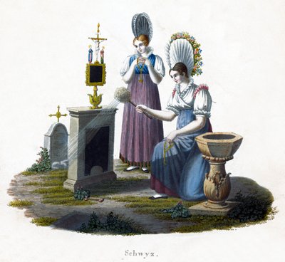 Due donne davanti a una lapide in un cimitero, c1800 da Unbekannt