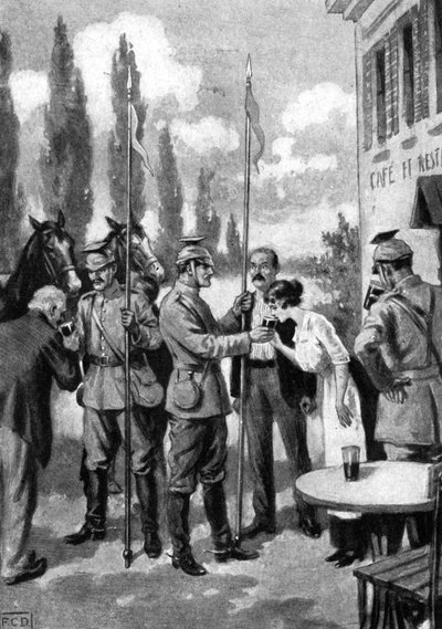 Ussari che chiedono rinfreschi ai villaggi belgi, Prima Guerra Mondiale, 1914 da Unbekannt