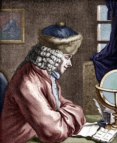 Voltaire, Francois-Marie Arouet - ritratto di Voltaire al lavoro. Scrittore, filosofo, drammaturgo, poeta francese 1694-1778. Incisione del XVIII secolo da Unbekannt