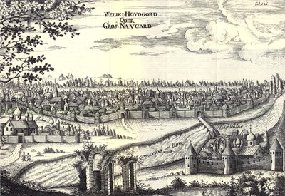 Velikiy Novgorod, illustrazione da Viaggi al Gran Duca di Moscovia e al Re di Persia di Adam Olearius, 1656 da Unbekannt