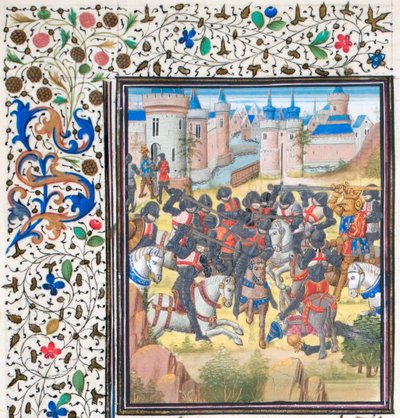 Vittoria di Riccardo Cuor di Leone su Filippo Augusto nel 1198. Miniatura dalla Historia di Guglielmo di Tiro, anni 1460 da Unbekannt
