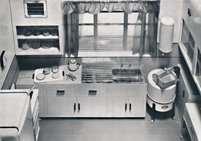 Vista di una cucina, progettata da H.M.V. Household Appliances, 1938 da Unbekannt