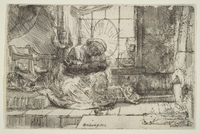 Vergine e bambino con il gatto: e Giuseppe alla finestra, 1654 da Unbekannt