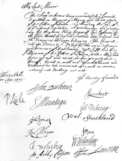 Mandato del Consiglio di Stato al sindaco di Londra, chiedendogli e agli assessori di partecipare alla proclamazione di Oliver Cromwell come Lord Protettore del Commonwealth d