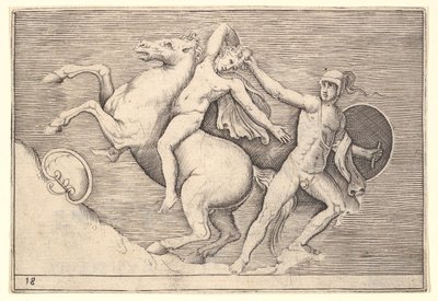 Guerriero che tira un cavaliere dal suo cavallo, da Ex Antiquis Camorum et Ge..., pubblicato ca. 1599-1622 da Unbekannt