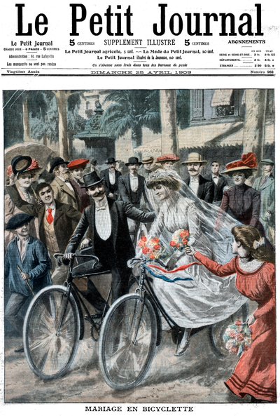 Festa di matrimonio in bicicletta guidata dalla sposa e dallo sposo, Nizza, Francia, 1909 da Unbekannt