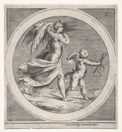 Figura femminile alata, drappeggiata e con un bastone, che cammina dietro un putto alato..., ca. 1550-1600 da Unbekannt