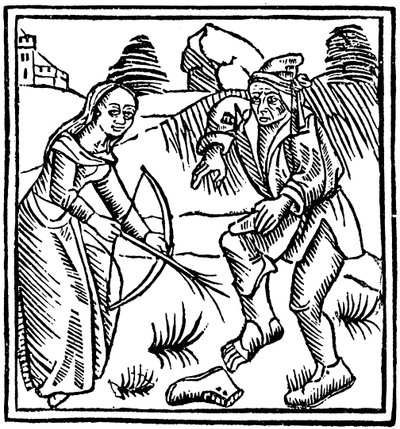 Strega che spara a un uomo nel piede con una freccia incantata fatta di una bacchetta di nocciolo, 1489 da Unbekannt