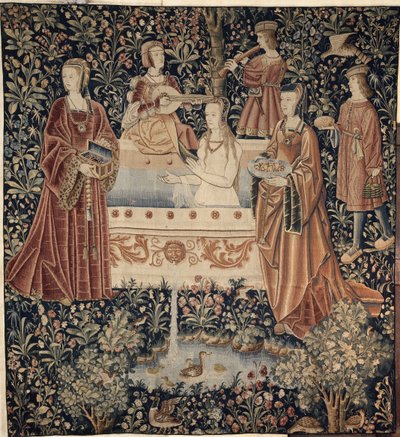 Donna che fa il bagno circondata da assistenti, serie di arazzi La Vie Seigneuriale, c. 1500 da Unbekannt