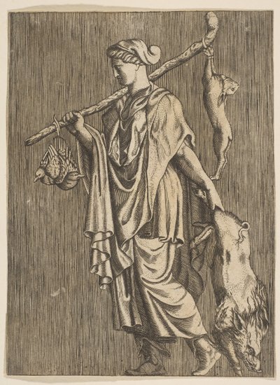 Donna che torna da una caccia portando un cinghiale nella mano sinistra e un bastone nella r..., ca. 1515-1600 da Unbekannt