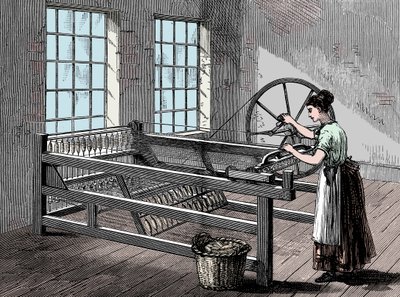 Donna che usa una Spinning Jenny, c. 1880 da Unbekannt