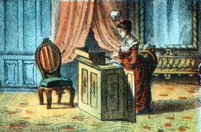 Donna che usa una macchina da cucire brevettata da Elias Howe [c1878] da Unbekannt