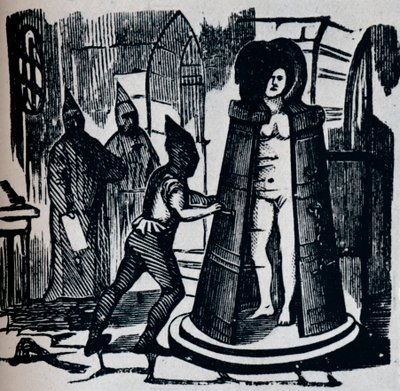 Xilografia che mostra la Vergine di Ferro di Geuders in un contesto di camera di tortura, c1870 da Unbekannt