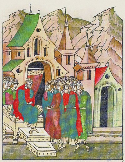 Jaropolk di Kiev chiama i suoi fratelli per riconciliarsi. Dalla Cronaca Illuminata Compilata, Seconda da Unbekannt